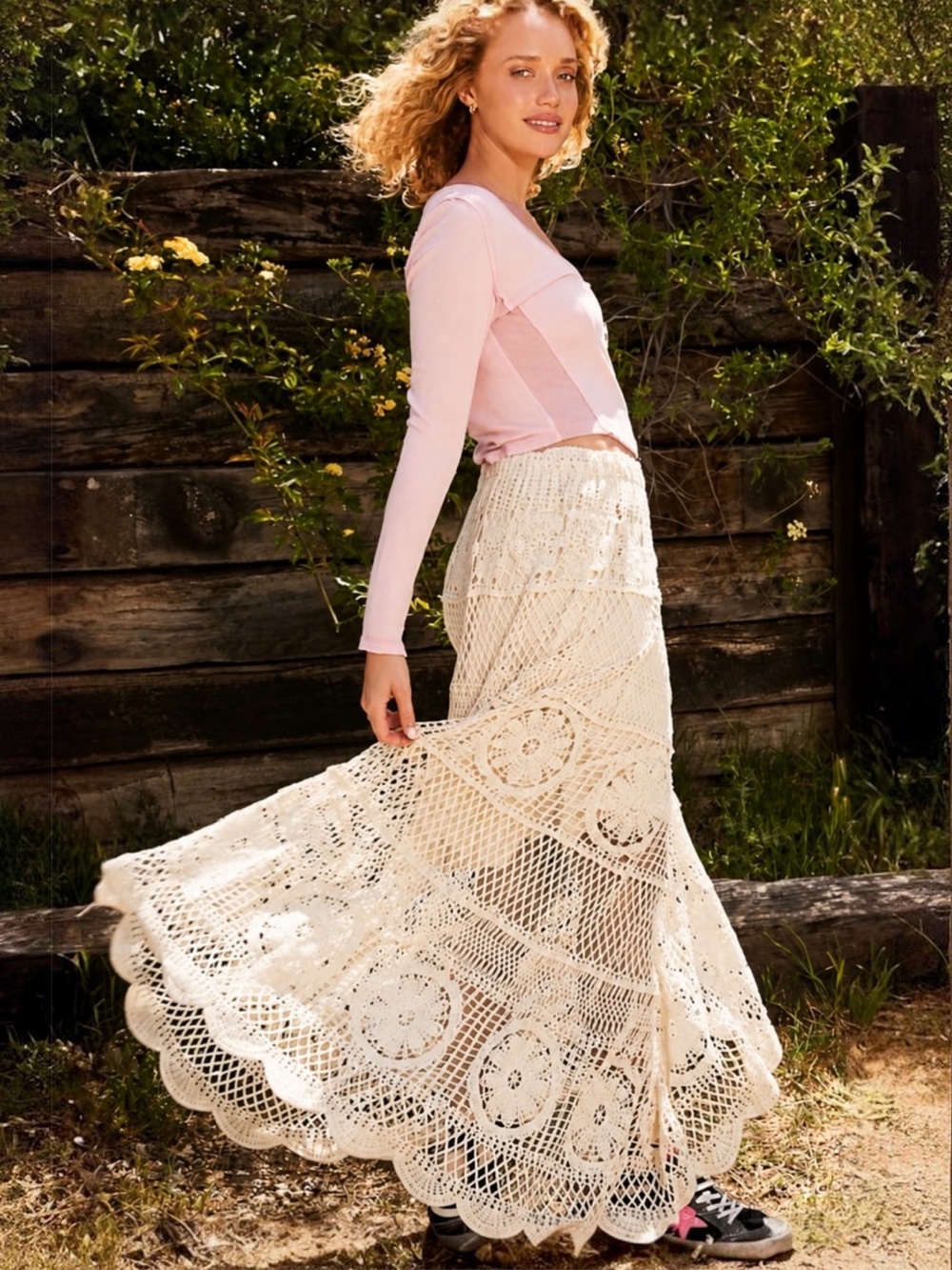 POL Cream Crochet Boho Maxi Skirt Scalloped Hem OSFM NWT